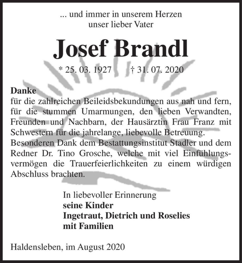  Traueranzeige für Josef Brandl  vom 22.08.2020 aus Magdeburger Volksstimme