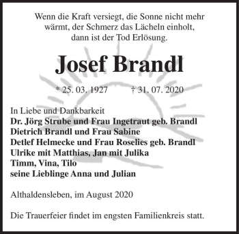 Traueranzeige von Josef Brandl  von Magdeburger Volksstimme