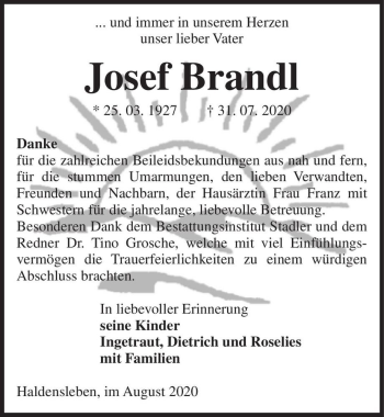 Traueranzeige von Josef Brandl  von Magdeburger Volksstimme