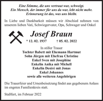 Traueranzeige von Josef Braun  von Magdeburger Volksstimme