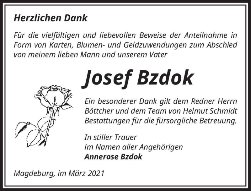  Traueranzeige für Josef Bzdok  vom 06.03.2021 aus Magdeburger Volksstimme