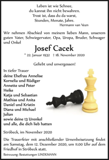 Traueranzeige von Josef Cacek  von Magdeburger Volksstimme