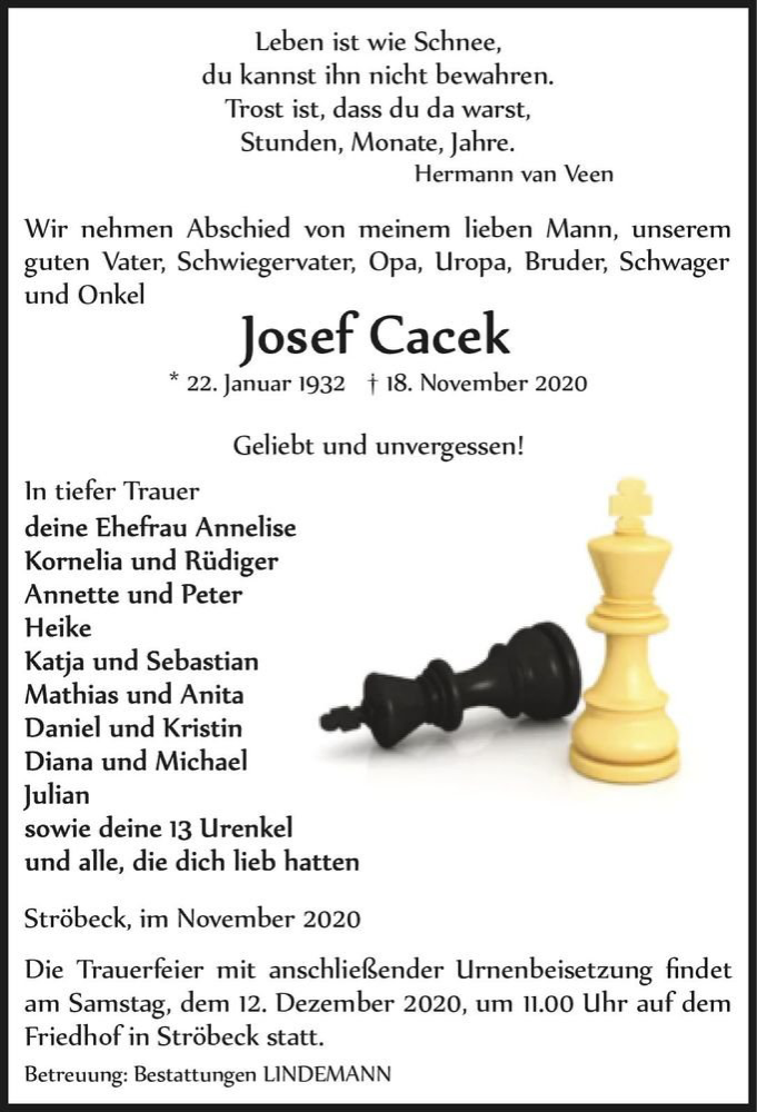  Traueranzeige für Josef Cacek  vom 28.11.2020 aus Magdeburger Volksstimme
