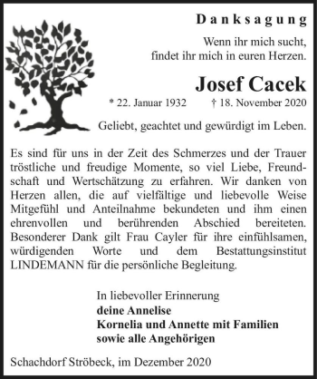 Traueranzeige von Josef Cacek  von Magdeburger Volksstimme
