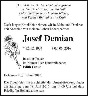Traueranzeige von Josef Demian  von Magdeburger Volksstimme