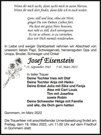 Traueranzeige von Josef Eisenstein  von Magdeburger Volksstimme