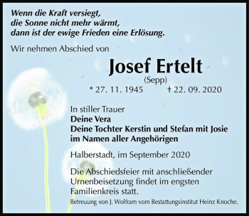 Traueranzeige von Josef Ertelt (Sepp)  von Magdeburger Volksstimme