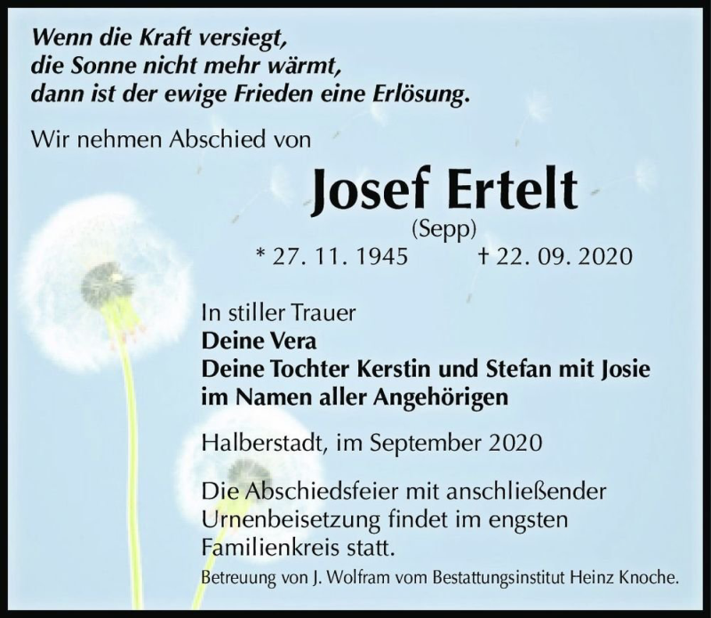  Traueranzeige für Josef Ertelt (Sepp)  vom 26.09.2020 aus Magdeburger Volksstimme