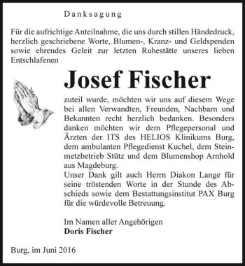 Traueranzeige von Josef Fischer  von Magdeburger Volksstimme