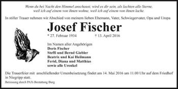 Traueranzeige von Josef Fischer  von Magdeburger Volksstimme