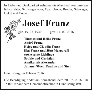 Traueranzeige von Josef Franz  von Magdeburger Volksstimme