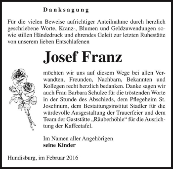 Traueranzeige von Josef Franz  von Magdeburger Volksstimme