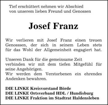 Traueranzeige von Josef Franz  von Magdeburger Volksstimme
