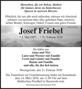 Traueranzeige von Josef Friebel  von Magdeburger Volksstimme