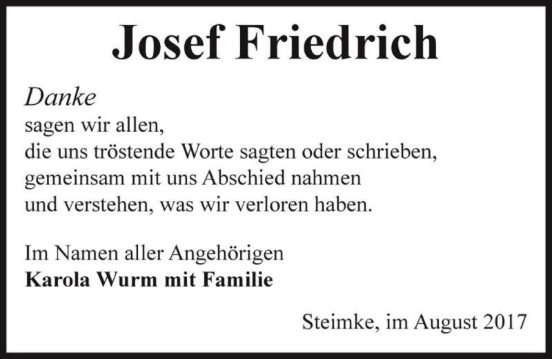  Traueranzeige für Josef Friedrich  vom 05.08.2017 aus Magdeburger Volksstimme