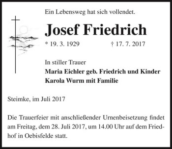 Traueranzeige von Josef Friedrich  von Magdeburger Volksstimme