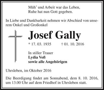 Traueranzeige von Josef Gally  von Magdeburger Volksstimme