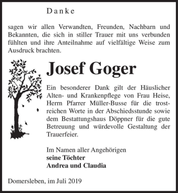 Traueranzeige von Josef Goger  von Magdeburger Volksstimme