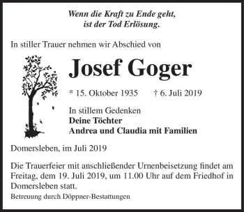 Traueranzeige von Josef Goger  von Magdeburger Volksstimme