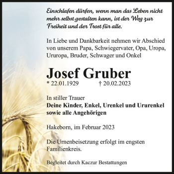 Traueranzeige von Josef Gruber  von Magdeburger Volksstimme