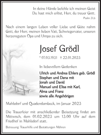 Traueranzeige von Josef Grödl  von Magdeburger Volksstimme