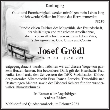 Traueranzeige von Josef Grödl  von Magdeburger Volksstimme
