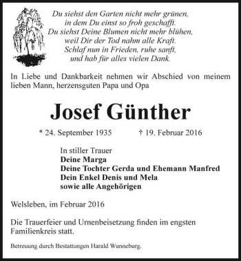 Traueranzeige von Josef Günther  von Magdeburger Volksstimme