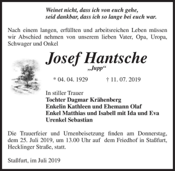 Traueranzeige von Josef Hantsche ,,Jupp