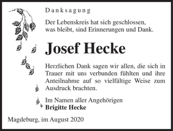Traueranzeige von Josef Hecke  von Magdeburger Volksstimme