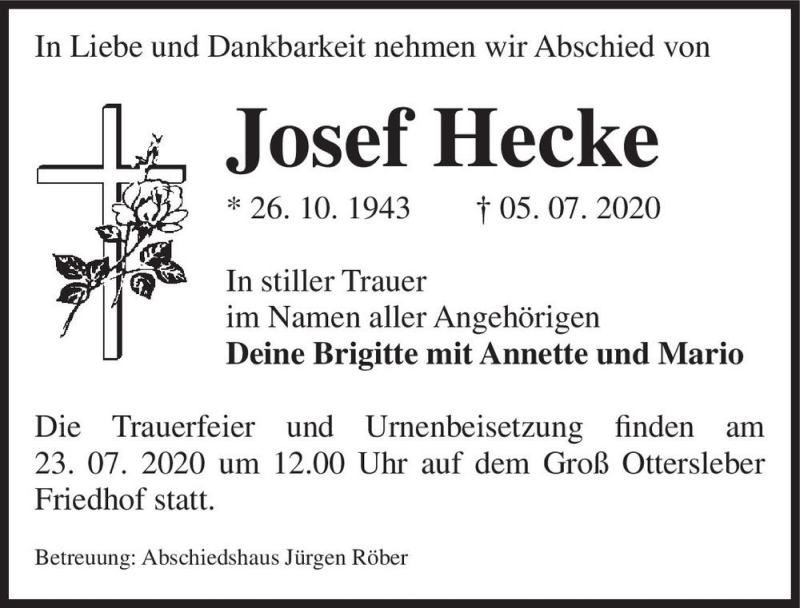  Traueranzeige für Josef Hecke  vom 18.07.2020 aus Magdeburger Volksstimme