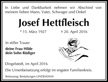 Traueranzeige von Josef Hettfleisch  von Magdeburger Volksstimme