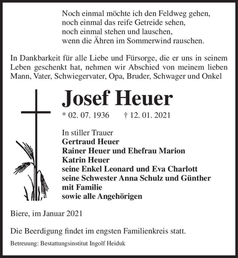  Traueranzeige für Josef Heuer  vom 15.01.2021 aus Magdeburger Volksstimme