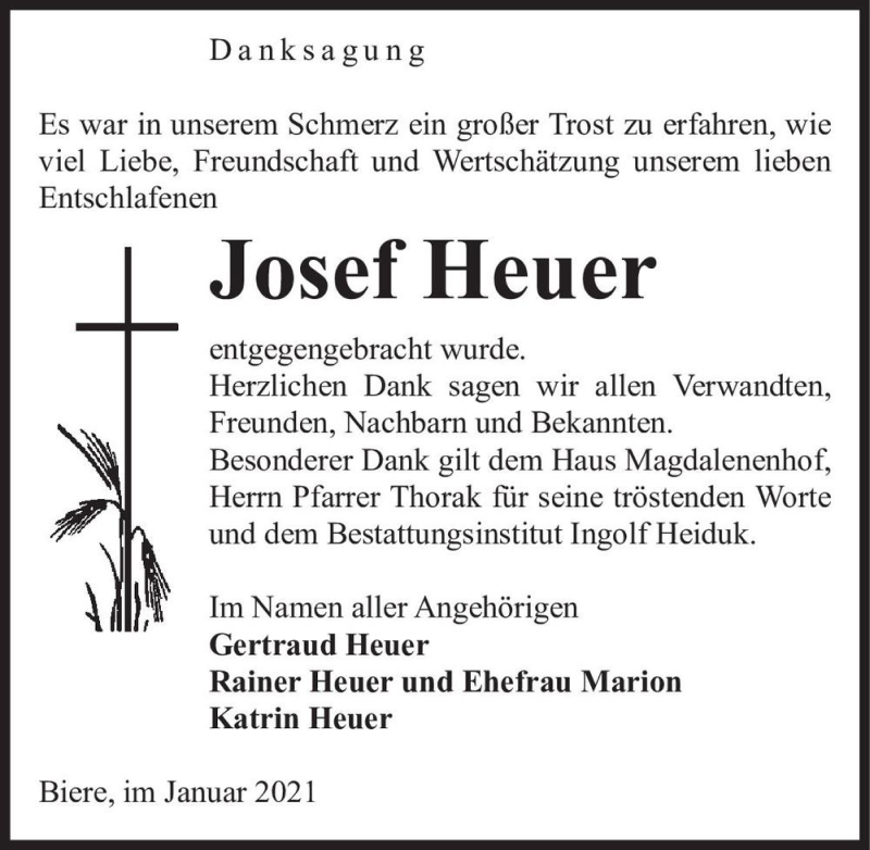  Traueranzeige für Josef Heuer  vom 30.01.2021 aus Magdeburger Volksstimme