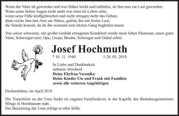Traueranzeige von Josef Hochmuth  von Magdeburger Volksstimme