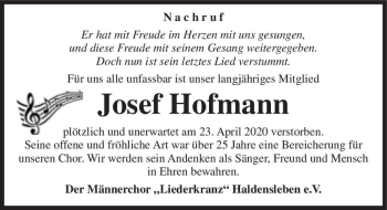 Traueranzeige von Josef Hofmann  von Magdeburger Volksstimme