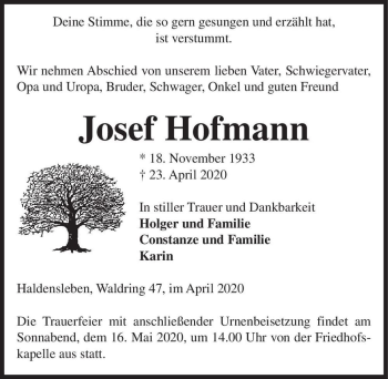 Traueranzeige von Josef Hofmann  von Magdeburger Volksstimme