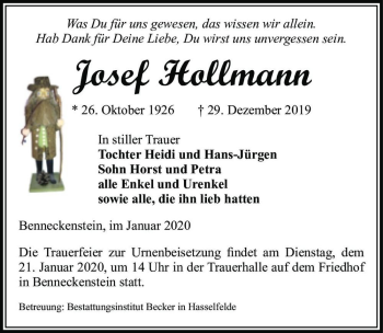 Traueranzeige von Josef Hollmann  von Magdeburger Volksstimme