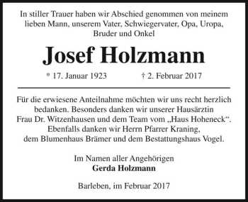 Traueranzeige von Josef Holzmann  von Magdeburger Volksstimme