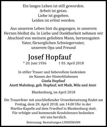 Traueranzeige von Josef Hopfauf  von Magdeburger Volksstimme