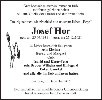 Traueranzeige von Josef Hor  von Magdeburger Volksstimme