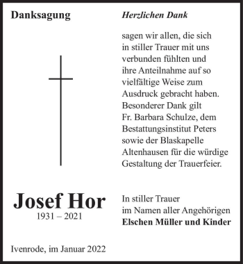 Traueranzeige von Josef Hor  von Magdeburger Volksstimme