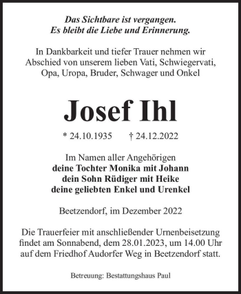 Traueranzeige von Josef Ihl  von Magdeburger Volksstimme