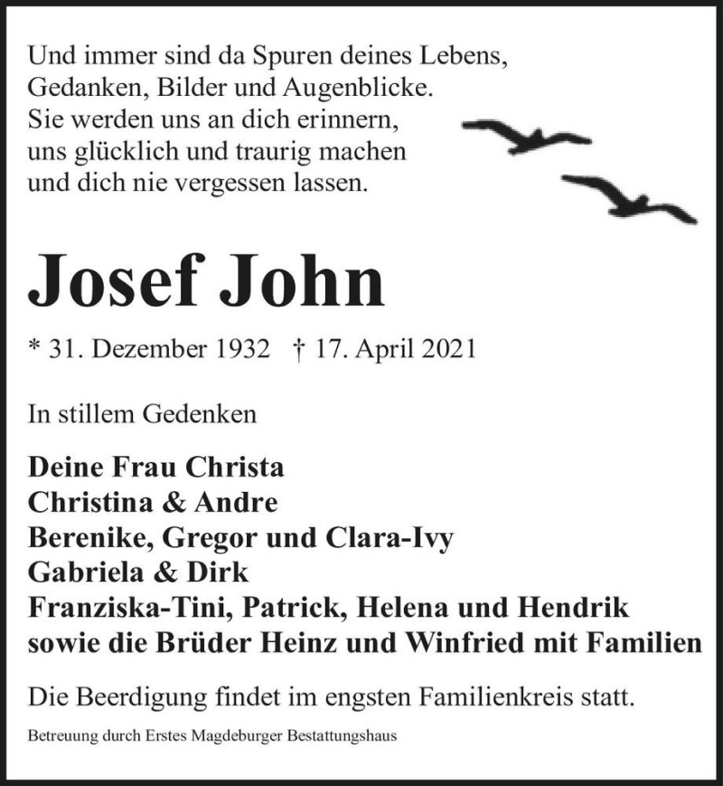  Traueranzeige für Josef John  vom 24.04.2021 aus Magdeburger Volksstimme