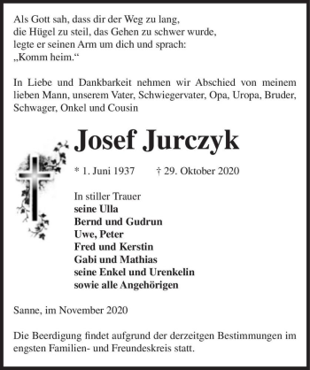 Traueranzeige von Josef Jurczyk  von Magdeburger Volksstimme