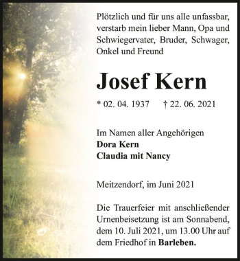 Traueranzeige von Josef Kern  von Magdeburger Volksstimme