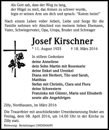 Traueranzeige von Josef Kirschner  von Magdeburger Volksstimme