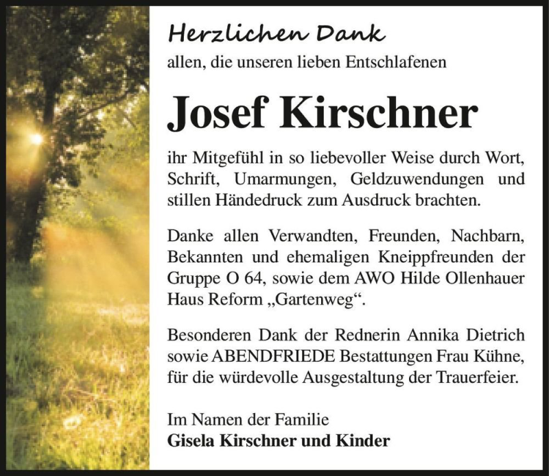  Traueranzeige für Josef Kirschner  vom 13.03.2021 aus Magdeburger Volksstimme