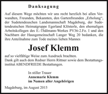 Traueranzeige von Josef Klemm  von Magdeburger Volksstimme