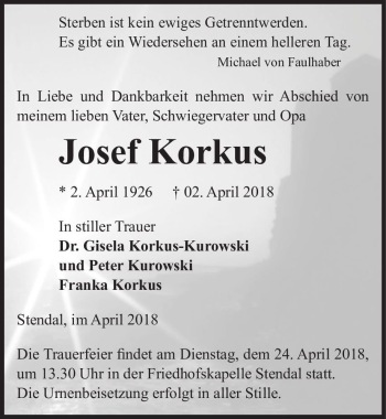 Traueranzeige von Josef Korkus  von Magdeburger Volksstimme