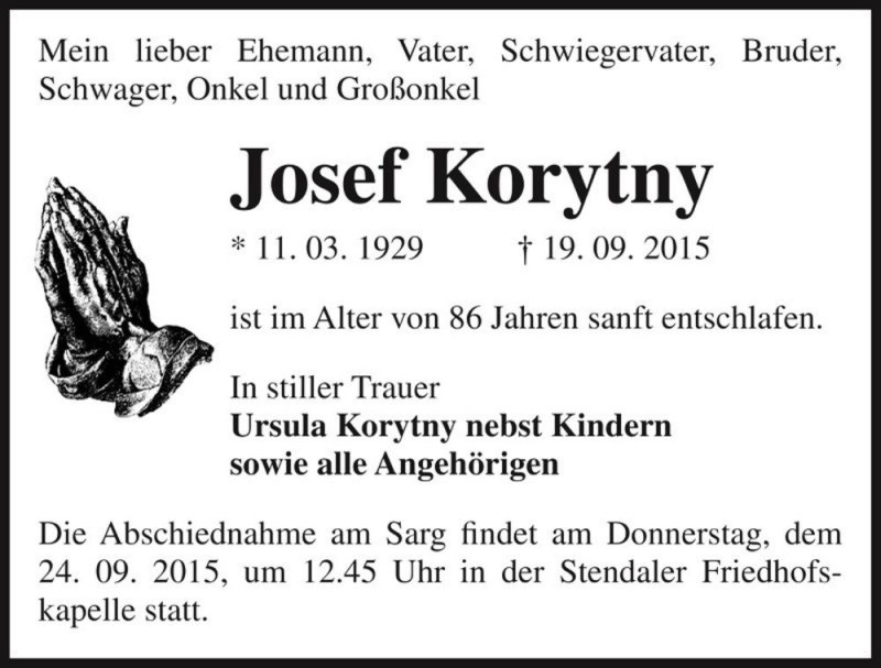  Traueranzeige für Josef Korytny  vom 23.09.2015 aus Magdeburger Volksstimme